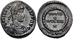 Roman Imperial Julian II. AD 360-363. AR Siliqua (16.5mm, 2.49 g, 6h). Lugdunum (Lyon) mint. Struck AD 360-361. Pearl and rosette-diademed, draped, and cuirassed bust right / VOTIS/ V/ MVLTIS/ X in fo
