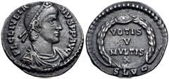 Roman Imperial Julian II. AD 360-363. AR Siliqua (17mm, 2.01 g, 6h). Lugdunum (Lyon) mint, 2nd officina. Struck AD 361. Pearl-diademed, draped, and cuirassed bust right / VOTIS/ V/ MVLTIS/ X in four l