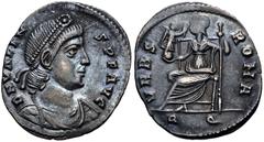 Roman Imperial Valens. AD 364-378. AR Siliqua (16.5mm, 1.72 g, 6h). Rome mint, 2nd officina. Struck AD 364-367. Pearl-diademed, draped, and cuirassed bust right / Roma seated left on throne, holding V