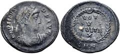 Roman Imperial Valens. AD 364-378. AR Siliqua (19.5mm, 2.14 g, 6h). Nicomedia mint. Struck AD 367-375. Pearl-diademed, draped, and cuirassed bust right / VOT/ V/ MVLTIS/ X in four lines within wreath;