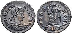 Roman Imperial Gratian. AD 367-383. AR Siliqua (18mm, 2.36 g, 12h). Treveri (Trier) mint. Struck AD 367-375. Pearl-diademed, draped, and cuirassed bust right / Roma seated left on throne, holding Vict