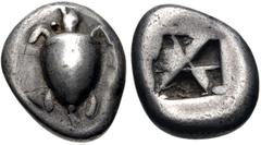 Greek ISLANDS off ATTICA, Aegina. Circa 550-530/25 BC. AR Stater (17.5mm, 10.94 g). Sea turtle, head in profile, with thick collar and [row of dots down its back] / Deep incuse square of proto-"Union 
