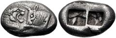 Greek KINGS of LYDIA. temp. Cyrus – Darios I. Circa 550/39-520 BC. AR Half Stater – Siglos (17.5mm, 5.20 g). Kroiseid type. Sardes mint. Confronted foreparts of lion right and bull left / Two incuse s