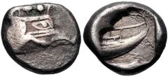 Greek LYCIA, Phaselis. Circa 500-440 BC. AR Third Stater (13mm, 3.39 g, 5h). Prow of galley right / Stern of galley right within incuse square. Heipp-Tamer Series 4, Emission 2, 67 var. (V–/R58 [unlis