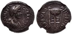 Roman Provincial LYDIA, Thyateira. Domitia. Augusta, AD 82-96. Æ (17mm, 3.15 g, 6h). Draped bust right / Tripod. RPC II 945; BMC 71. In NGC encapsulation graded CH VF, Strike: 5/5, Surface: 4/5. Dark 