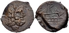 Roman Republican C. Licinius L.f. Macer. 84 BC. Æ As (27.1mm, 11.94 g, 6h). Rome mint. Laureate head of bearded Janus; I (mark of value) above / Prow of galley right, surmounted by male figure standin
