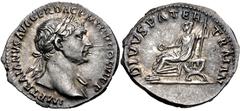 Roman Imperial Trajan. AD 98-117. AR Denarius (19mm, 2.86 g, 6h). Rome mint. Struck AD 112-113. IMP TRAIANVS AVG GER DAC P M TR P COS VI P P, laureate bust right, slight drapery / DIVVS PATER TRAIAN, 