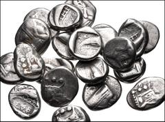 Large Lots GREEK. Asia Minor. Lot of twenty (20) AR Tetrobols of Phaselis in Lycia. All coins: Circa 500-440 BC. AR Tetrobol. Prow of galley / Stern of galley. Fine to VF. LOT SOLD AS IS, NO RETURNS. 