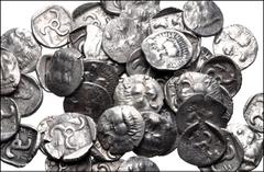 Large Lots GREEK. Asia Minor. Lot of fifty (50) Mithrapata AR Diobols. All coins: DYNASTS of LYCIA, Mithrapata. Circa 390-370 BC. AR Diobol. Facing lion's scalp / Triskeles within incuse square; vario