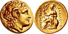 Greek KINGS of THRACE, Macedonian. Lysimachos. 305-281 BC. AV Stater (18mm, 8.50 g, 11h). Uncertain mint. Diademed head of the deified Alexander right, with horn of Ammon / BAΣIΛEΩΣ ΛYΣIMAXOY, Athena 