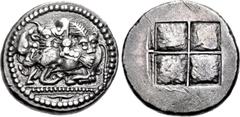 Greek MACEDON, Akanthos. Circa 480-470 BC. AR Tetradrachm (27.5mm, 17.14 g). Attic standard. Lioness right, biting into the hindquarter of a bull crouching left, with head right; floral ornament in ex