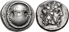 Greek BOEOTIA, Thebes. Circa 425-395 BC. AR Stater (21mm, 12.13 g, 3h). Boeotian shield, club across upper half / Bearded head of Dionysos right, wearing ivy wreath, within incuse square. BCD Boiotia 
