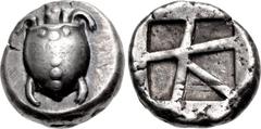 Greek ISLANDS off ATTICA, Aegina. Circa 480-457 BC. AR Stater (19.5mm, 12.20 g, 1h). Sea turtle, head in profile, with 'T-back' design on shell / Large square incuse with skew pattern. Meadows, Aegina