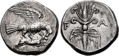 Greek ELIS, Olympia. 134th-143rd Olympiad. Circa 244-208 BC. AR Drachm (17.5mm, 4.64 g, 4h). Eagle flying right, tearing at hare held in its talons / Vertical thunderbolt with volutes above, wings bel