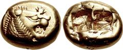 Greek KINGS of LYDIA. temp. Alyattes – Kroisos. Circa 620/10-550/39 BC. EL Trite – Third Stater (12.5mm, 4.70 g). Sardes mint. Head of roaring lion right, "sun" with multiple rays on forehead / Two sq