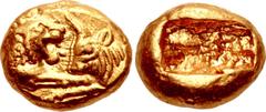 Greek KINGS of LYDIA. Kroisos. Circa 564/53-550/39 BC. AV Sixth Stater (8.5mm, 1.78 g). Heavy standard. Sardes mint. Confronted foreparts of lion and bull / Two incuse squares. Walburg Group III; Berk