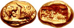 Greek KINGS of LYDIA. Kroisos. Circa 564/53-550/39 BC. AV Sixth Stater (9mm, 1.33 g). Light standard. Sardes mint. Confronted foreparts of lion and bull / Two incuse squares of unequal size. Walburg G