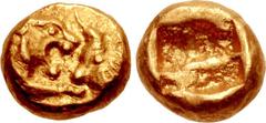 Greek KINGS of LYDIA. Kroisos. Circa 564/53-550/39 BC. AV Twenty-fourth Stater (4.5mm, 0.35 g). Light standard. Sardes mint. Confronted foreparts of lion and bull / Incuse square. Berk 15; Traité –; S