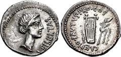 Roman Republican The Republicans. Brutus. Spring-early summer 42 BC. AR Denarius (19mm, 4.13 g, 6h). Military mint traveling with Brutus in Lycia. Head of Libertas right / Lyre between quiver and fill