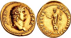 Roman Imperial Nero. AD 54-68. AV Aureus (18mm, 7.29 g, 8h). Rome mint. Struck circa AD 64-65. NERO CAESAR, laureate head right / AVGVSTVS GERMANICVS, Nero, radiate and togate, standing facing, holdin