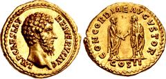 Roman Imperial Lucius Verus. AD 161-169. AV Aureus (20mm, 7.24 g, 12h). Rome mint. Struck AD 161. IMP CAES L AV-REL VERVS AVG, bare head right / CONCORDIAE AVGVSTOR, COS II in exergue, togate Lucius V