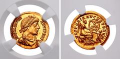 Roman Imperial Valentinian I. AD 364-375. AV Semissis (18mm, 2.25 g, 12h). Antioch mint. Struck AD 367-375. D N VALENTINI-ANVS P F AVG, pearl-diademed, draped, and cuirassed bust right / VICTORIA AVGV