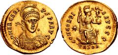 Roman Imperial Arcadius. AD 383-408. AV Solidus (21mm, 4.42 g, 12h). Thessalonica mint. Struck circa AD 408(?). D N ARCADI-VS P F AVG, pearl-diademed, helmeted, and cuirassed bust facing slightly righ