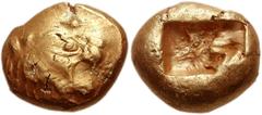 KINGS of LYDIA. Alyattes II to Kroisos. Late 7th-mid 6th century BC. EL Trite (14mm, 4.73 g). Head of roaring lion right, sun with four rays on forehead / Double incuse punch. Weidauer 64; BMC Lydia p