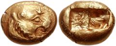 KINGS of LYDIA. Alyattes II to Kroisos. Late 7th-mid 6th century BC. EL Trite (14mm, 4.74 g). Head of roaring lion right, sun with four rays on forehead / Double incuse punch. Weidauer 64; BMC Lydia p