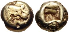 Greek KINGS of LYDIA. temp. Alyattes – Kroisos. Circa 620/10-550/39 BC. EL Hemihekte – Twelfth Stater (6.5mm, 1.17 g). Sardes mint. Head of roaring lion right, "sun" with no rays on forehead / Square 