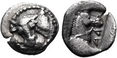 Greek THESSALY, Larissa. Circa 462/1-460 BC. AR Obol (11mm, 0.75 g, 3h). Head and neck of bull left, the head turned to face the viewer / ΛA, head and neck of bridled horse right; all within incuse sq