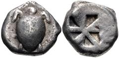 Greek ISLANDS off ATTICA, Aegina. Circa 525-480 BC. AR Stater (20mm, 11.48 g). Sea turtle, head in profile, with thick collar [and row of dots down its back] / Incuse square of 'Union Jack' pattern wi