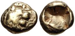 Greek KINGS of LYDIA. temp. Ardys – Alyattes. Circa 630s-564/53 BC. EL Hemihekte – Twelfth Stater (8mm, 1.16 g). Sardes mint. Head of roaring lion right, "sun" with no rays on forehead / Incuse square