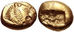 Greek KINGS of LYDIA. temp. Alyattes – Kroisos. Circa 620/10-550/39 BC. EL Trite – Third Stater (12.5mm, 4.73 g). Sardes mint. Head of roaring lion right, "sun" with multiple rays on forehead / Two sq