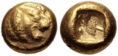 Greek KINGS of LYDIA. temp. Alyattes – Kroisos. Circa 620/10-550/39 BC. EL Hemihekte – Twelfth Stater (7mm, 1.14 g). Sardes mint. Head of roaring lion right, "sun" with no rays on forehead / Square pu