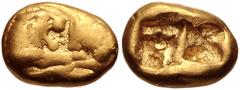 Greek KINGS of LYDIA. Kroisos. Circa 564/53-550/39 BC. AV Third Stater (12mm, 3.52 g). Heavy standard. Sardes mint. Confronted foreparts of lion and bull / Two incuse squares. Berk 5; Spier Group I; T