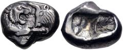 Greek KINGS of LYDIA. Kroisos. Circa 564/53-550/39 BC. AR Hemistater (15mm, 5.34 g). Sardes mint. Confronted foreparts of lion and bull / Two square punches. Berk 23; SNG Ashmolean 763 and 767–8 (Pers