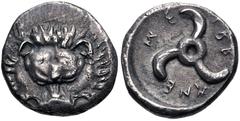 Greek DYNASTS of LYCIA. Trbbenimi. Circa 390-375 BC. AR Third Stater (14.5mm, 2.95 g). Wedrei mint. Facing lion scalp / Triskeles. Podalia 329–31 (a16/p27); Müseler VIII, 25–7; Falghera 197–202; SNG v