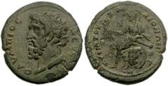 LYDIA, Maeonia. Time of Marcus Aurelius. AD 161-180. Æ 24mm (8.03 g). Quintus, archon. Bust of Zeus Olympios left, wearing taenia / Roma seated left on cuirass, holding Nike and parazonium, shield beh