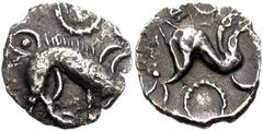 CELTIC BRITAIN, Corieltauvi. Uninscribed. Circa 70-10 BC. AR Unit (14mm, 1.20 g, 9h). South Ferriby type. Stylized boar right; large ring of pellets with large central pellet above / Celticized horse 