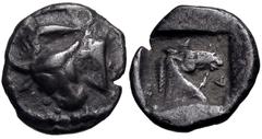 Greek THESSALY, Larissa. Circa 462/1-460 BC. AR Obol (10mm, 0.83 g, 10h). Head and neck of bull left, the head turned to face the viewer; above, dolphin left / Λ-A, head and neck of bridled horse righ