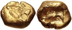 Greek KINGS of LYDIA. temp. Ardys – Alyattes. Circa 630s-564/53 BC. EL Trite – Third Stater (13.5mm, 4.70 g). Sardes mint. Head of roaring lion right, "sun" with four rays on forehead / Two incuse squ
