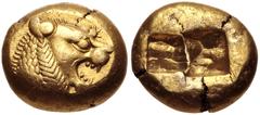 Greek KINGS of LYDIA. temp. Alyattes – Kroisos. Circa 620/10-550/39 BC. EL Trite – Third Stater (12.5mm, 4.75 g). Sardes mint. Head of roaring lion right, "sun" with multiple rays on forehead / Two in