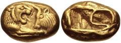 Greek KINGS of LYDIA. Kroisos. Circa 564/53-550/39 BC. AV Stater (16mm, 8.05 g). Light standard. Sardes mint. Confronted foreparts of lion and bull / Two incuse squares. Berk 3; Le Rider, Naissance, p