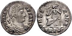 Roman Imperial Valens. AD 364-378. AR Siliqua (17mm, 2.02 g, 12h). Treveri (Trier) mint. Struck AD 367-375. Pearl-diademed, draped, and cuirassed bust right / Roma seated left on throne, holding Victo
