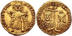 Byzantine Basil I the Macedonian, with Constantine. 867-886. AV Solidus (19.1mm, 4.33 g, 6h). Constantinople mint. Struck 870-871. Christ Pantokrator enthroned facing; star at end of legend / Crowned 