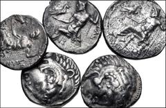 Large Lots CELTIC. Lot of five (5) AR Tetradrachms imitating Alexander III 'the Great'. All coins: Eastern Europe(?). Circa 2nd century BC. AR Tetradrachm. Head of Herakles right, wearing lion skin / 