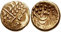 CELTIC BRITAIN, Durotriges. Uninscribed. Circa 65 BC-AD 45. AV Stater. Chute type . Struck circa 65-58 BC. Abstract head of Apollo right / Disjointed horse left; ‘crabs’ above and below; above tail, e