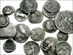 MIXED LOT. Lot of twenty four minor AR. Calabria, Tarentum. AR Diobols (4) // Lucania, Thourioi. AR Triobols (4) // Lucania, Poseidonia. AR Diobol // Sicily, Akragas. AR Hemidrachm. Eagle with hare / 