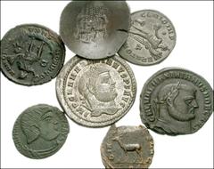 Lot of five later Roman Æ, one (1) “Imitative issue”, and one (1) Byzantine Æ. Gallienus / Stag walking left // Maximianus. Cyzicus mint / Genius // Galerius, as Caesar. Antioch mint / Genius // Maxim